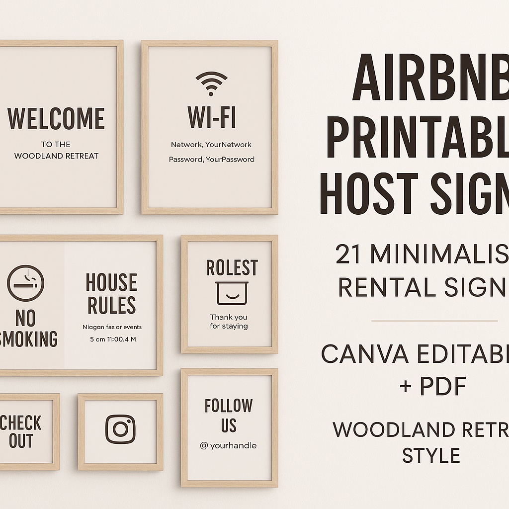 Airbnb Printable Host Signs | 21 Minimalist Rental Signs | Canva Editable + PDF